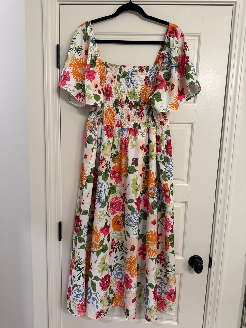 BloomChic White Floral Smocked Midi Dress - Pink, Orange, Green, Blue
